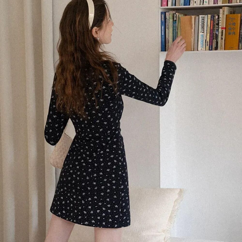 Eggka Korean Cute Cotton Floral Long Sleeve Mini Dress